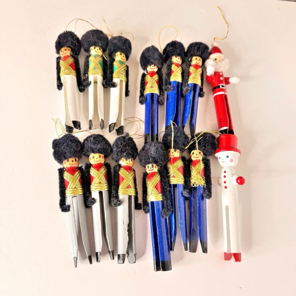 Vtg Handmade Clothes Pin Toy Soldiers Snowman Santa Ornament Lot Of 14 Christmas